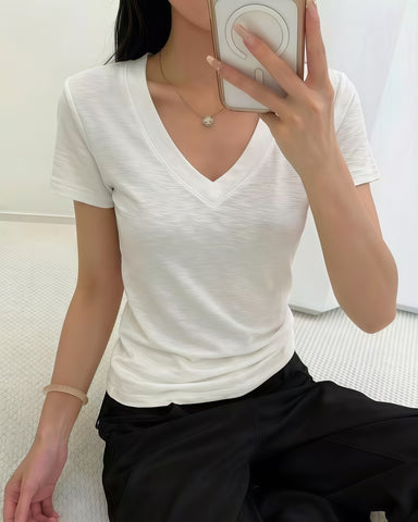 Slub Cotton V Neck Tee White seated view