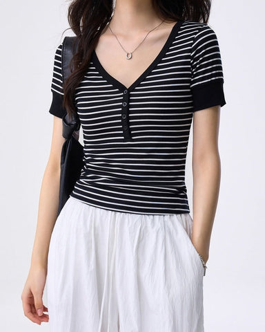Striped Contrast Trim Henley Tee