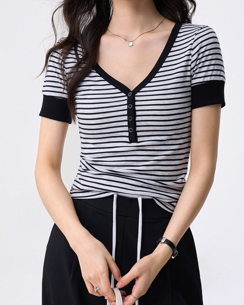 Striped Contrast Trim Henley Tee - Grey Stripe
