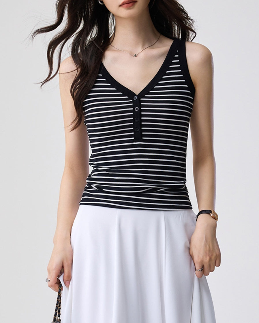 Striped V Neck Button Tank - Black Stripe