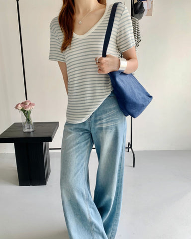 U Neck Ribbed Linen Tee
