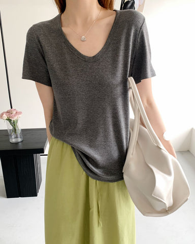 U Neck Ribbed Linen Tee