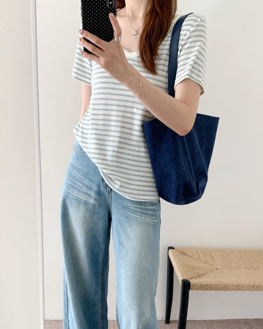 U Neck Ribbed Linen Tee