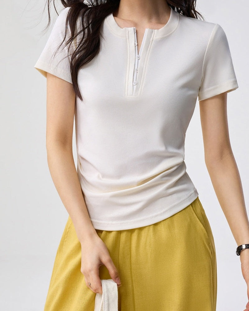 Tencel Henley Ruched Tee - Cream