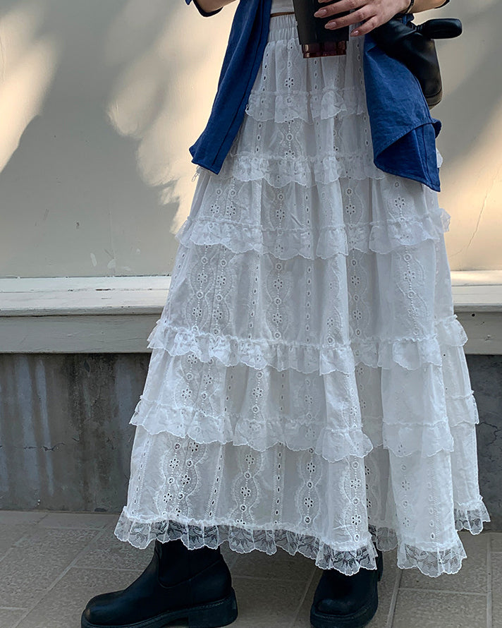 Tiered Eyelet Lace Maxi Skirt, women's skirt - Ferlicious Singapore