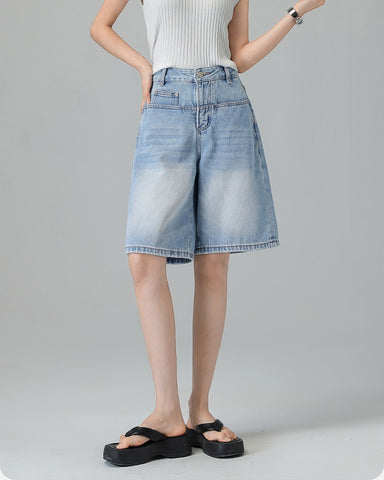 Turkish Washed A Line Denim Shorts in light blue, Ferlicious Singapore