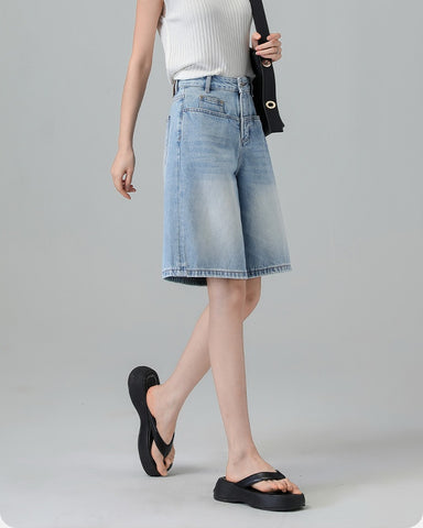 Turkish Washed A Line Denim Shorts in light blue, Ferlicious Singapore