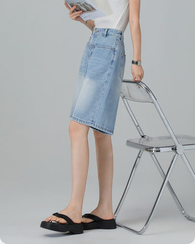 Turkish Washed A Line Denim Shorts in light blue, Ferlicious Singapore