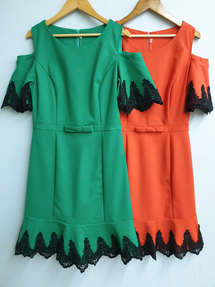 Crochet Lace Trim Cold Shoulder Dress - Ferlicious