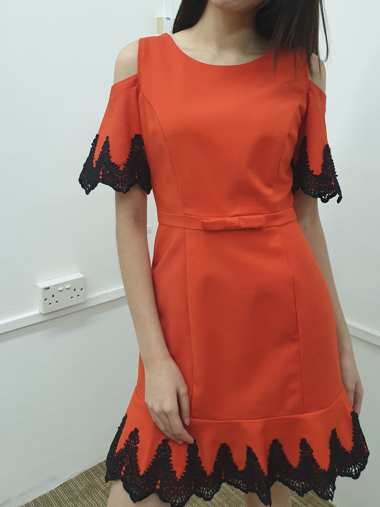 Crochet Lace Trim Cold Shoulder Dress - Ferlicious