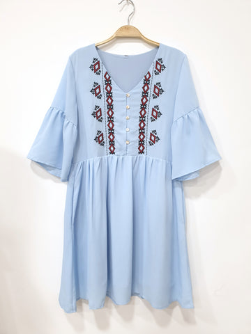 Flounce Sleeve Tribal Babydoll Dress (Non-returnable) - Ferlicious
