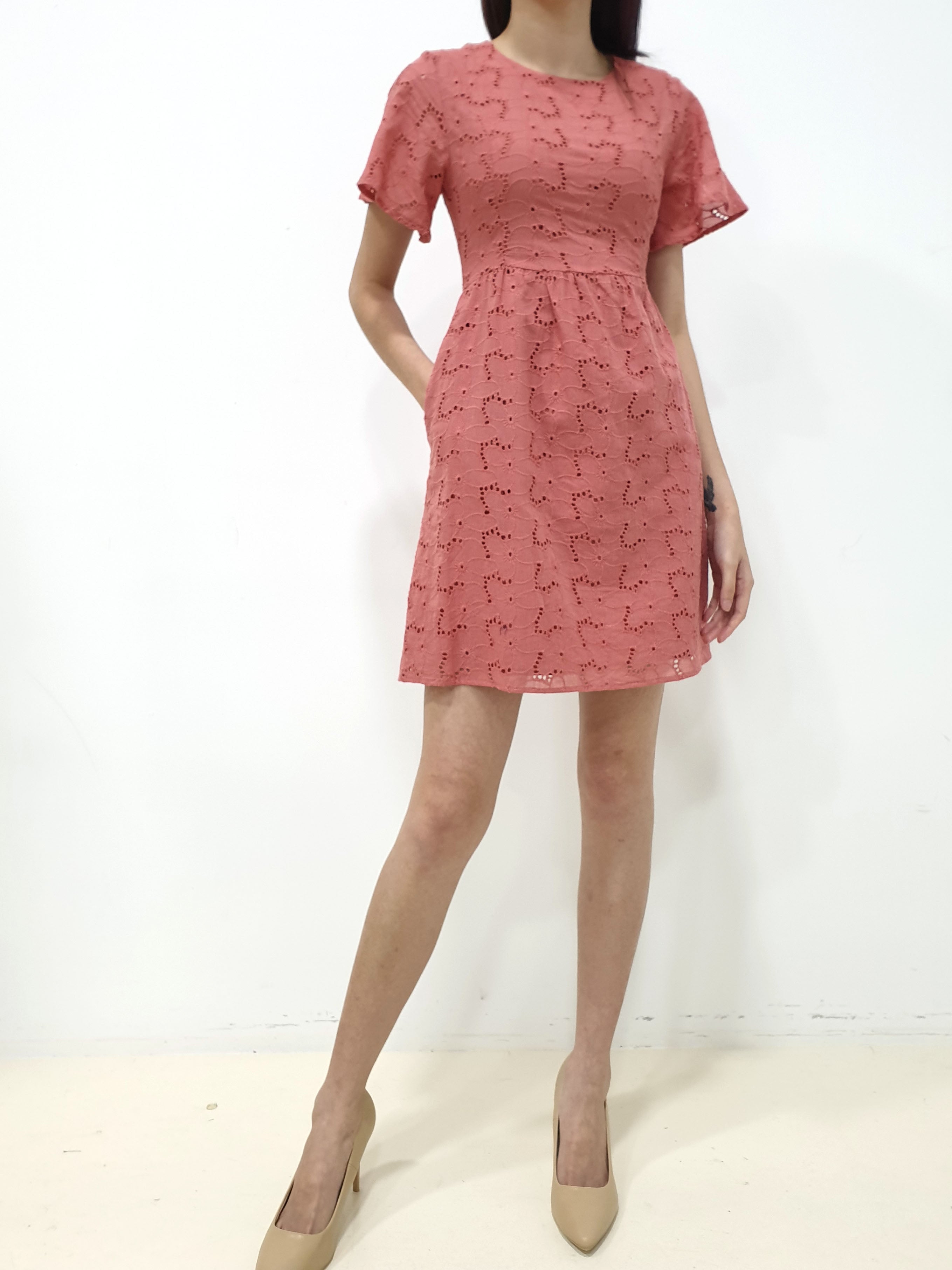 Flutter Sleeve Eyelet Dress (Non-returnable) - Ferlicious