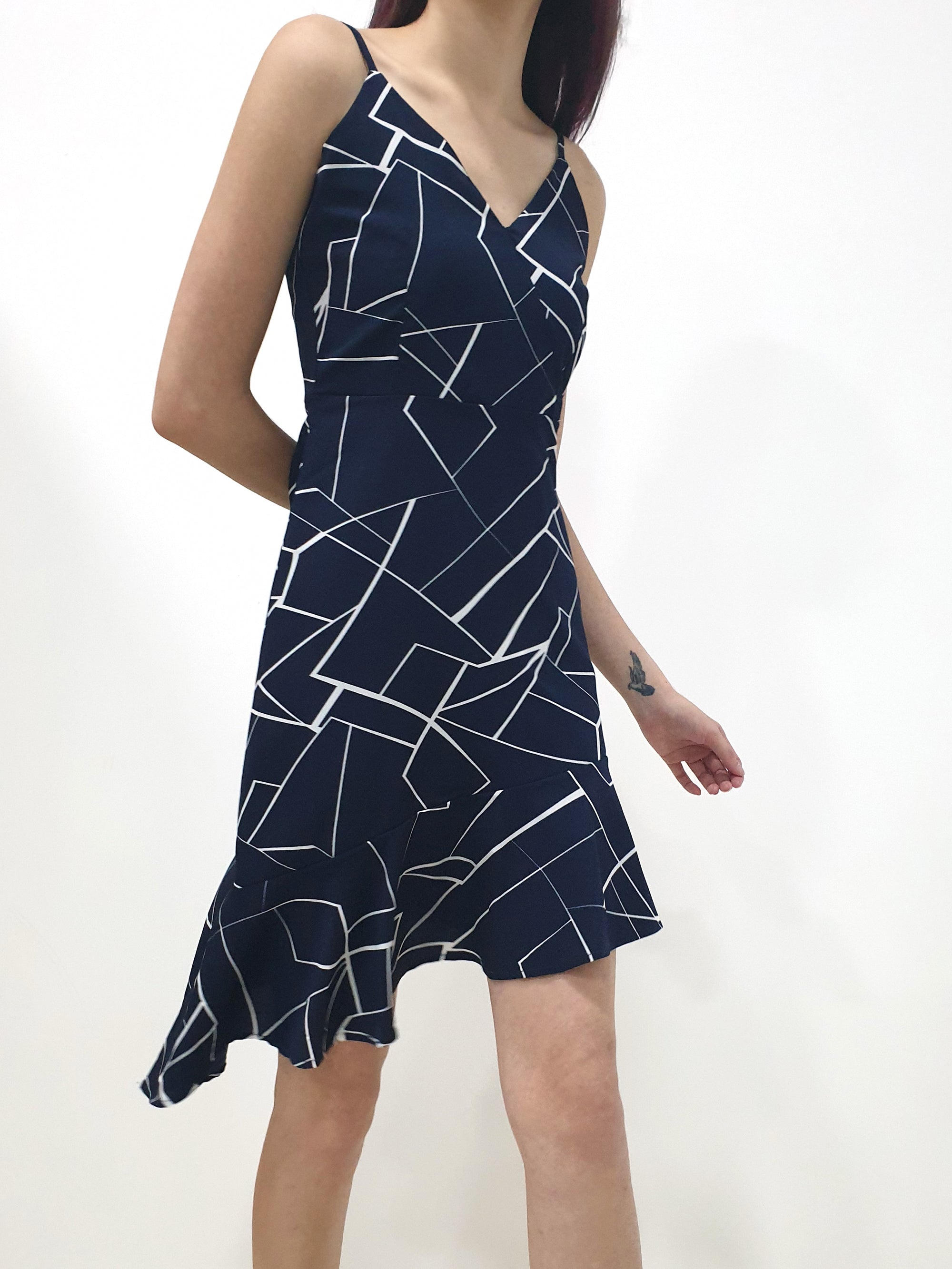 Mono Print Slant Waterfall Dress - Navy (Non-returnable) - Ferlicious