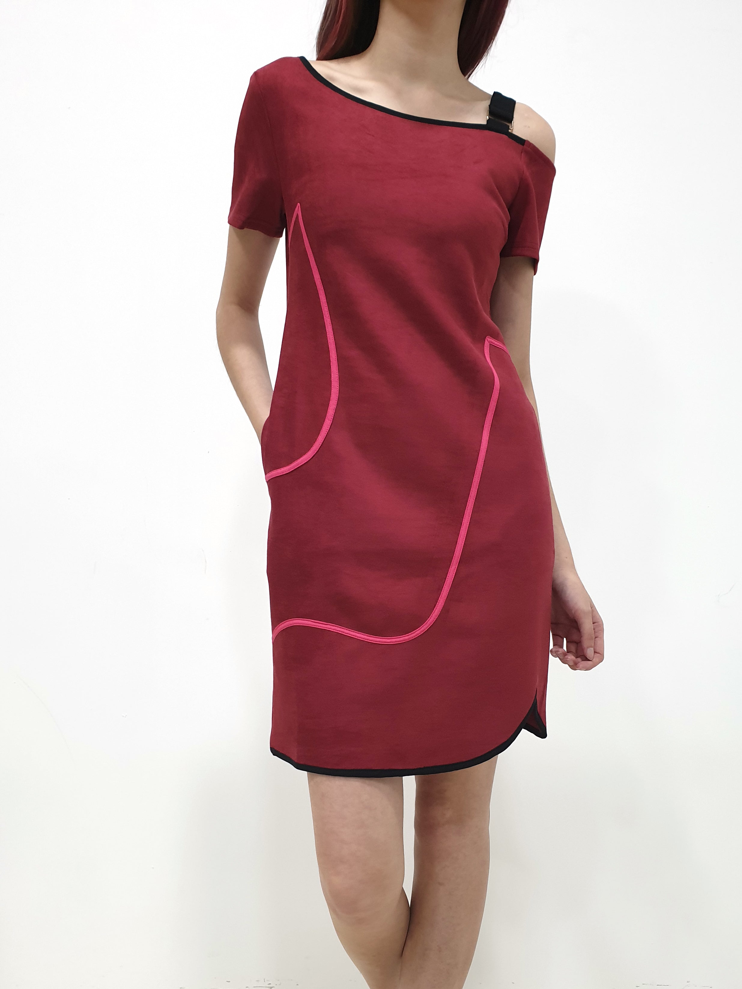 Abstract Details Suede Cold Shoulder Dress - Red (Non-returnable) - Ferlicious