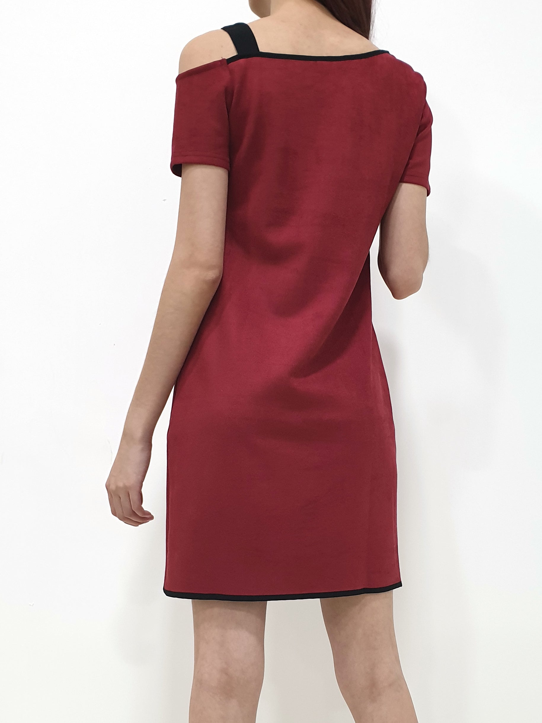 Abstract Details Suede Cold Shoulder Dress - Red (Non-returnable) - Ferlicious