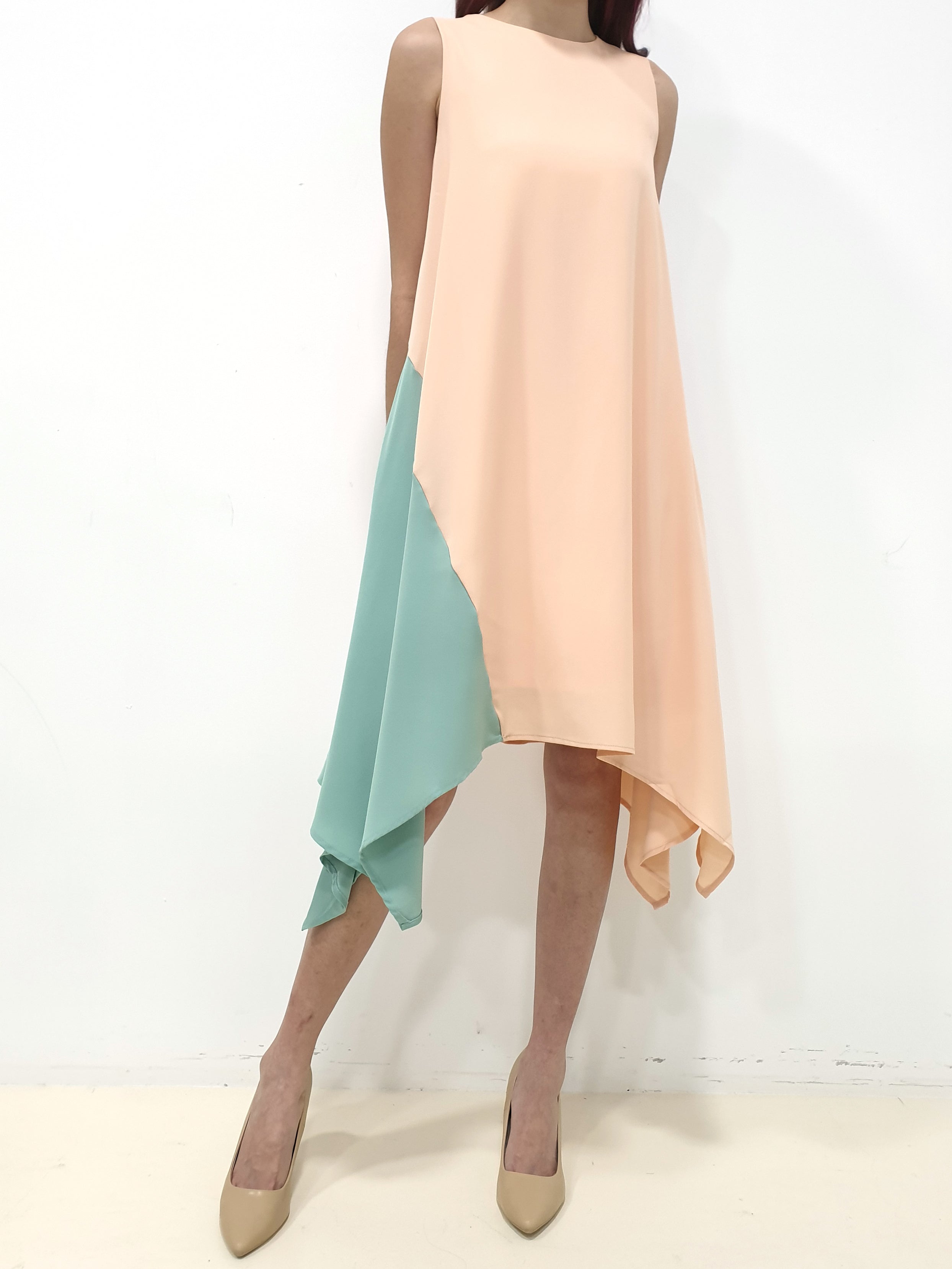 Colourblock Handkerchief Swing Dress - Peach (Non-returnable) - Ferlicious