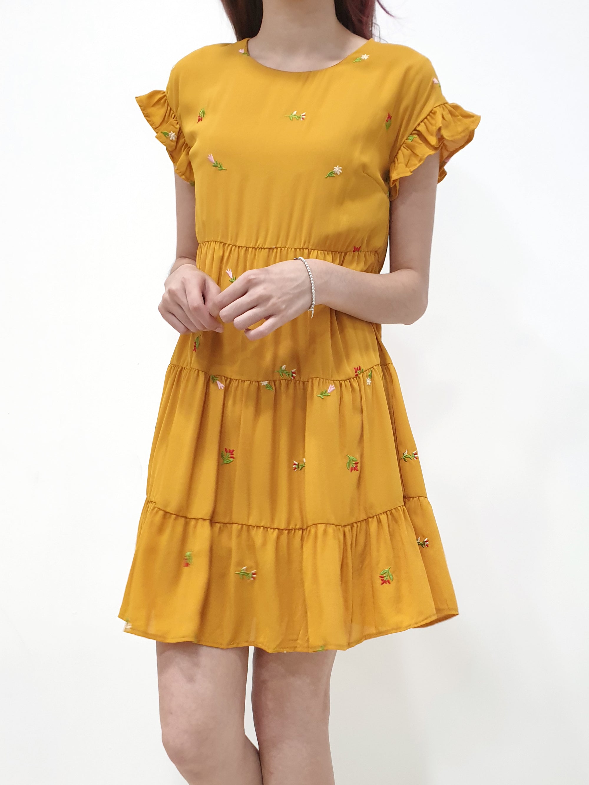 Embroidered Frills Babydoll Dress - Mustard (Non-returnable) - Ferlicious