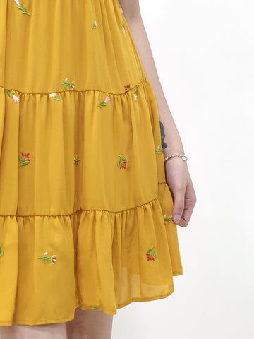 Embroidered Frills Babydoll Dress - Mustard (Non-returnable) - Ferlicious