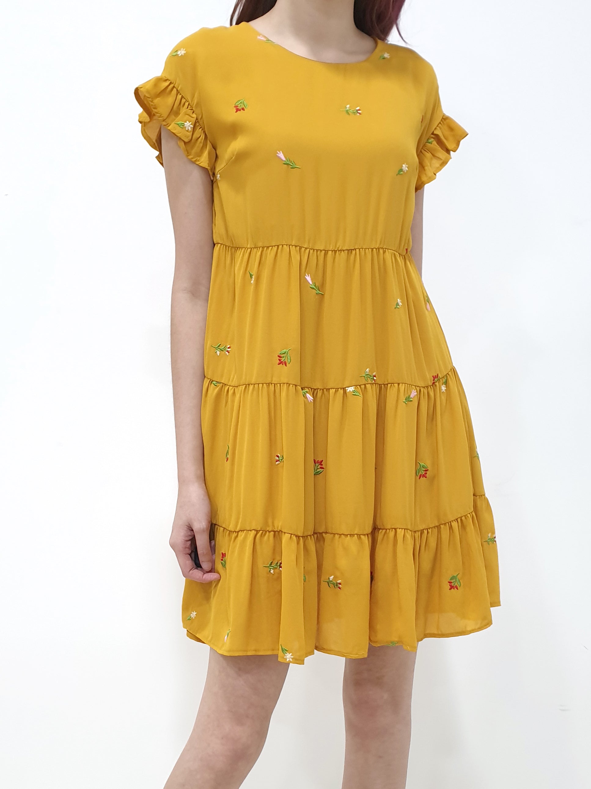 Embroidered Frills Babydoll Dress - Mustard (Non-returnable) - Ferlicious