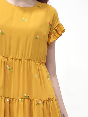 Embroidered Frills Babydoll Dress - Mustard (Non-returnable) - Ferlicious