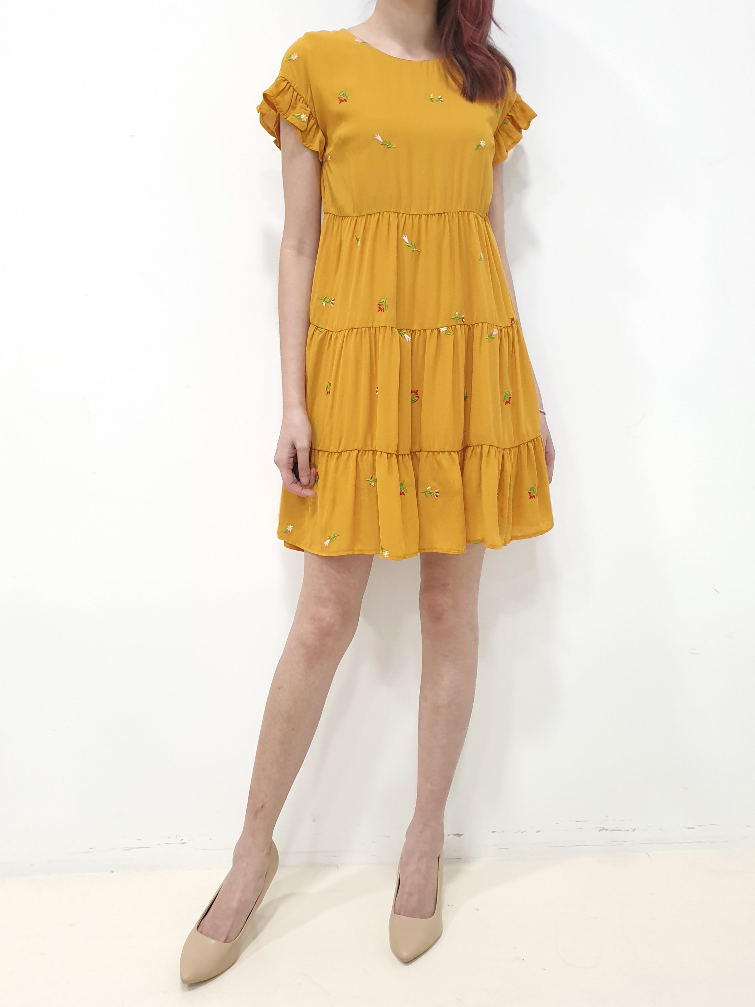 Embroidered Frills Babydoll Dress - Mustard (Non-returnable) - Ferlicious