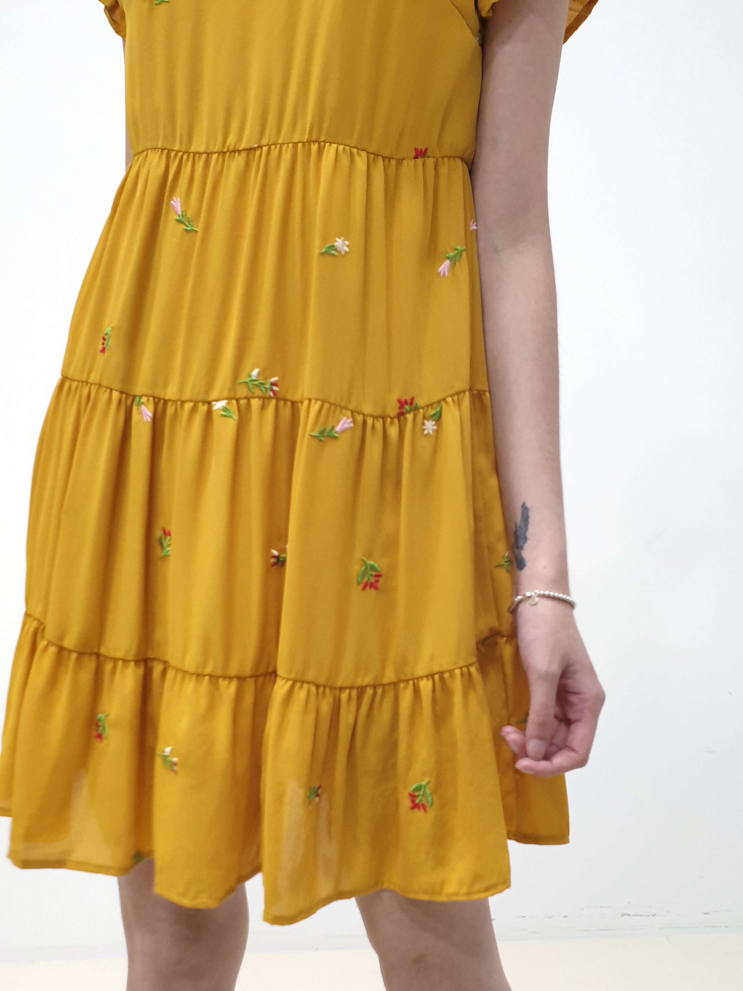 Embroidered Frills Babydoll Dress - Mustard (Non-returnable) - Ferlicious