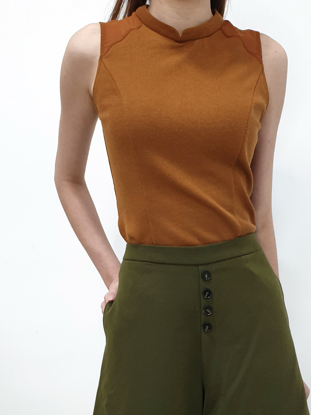 Mesh Shoulder Mandarin Collar Top