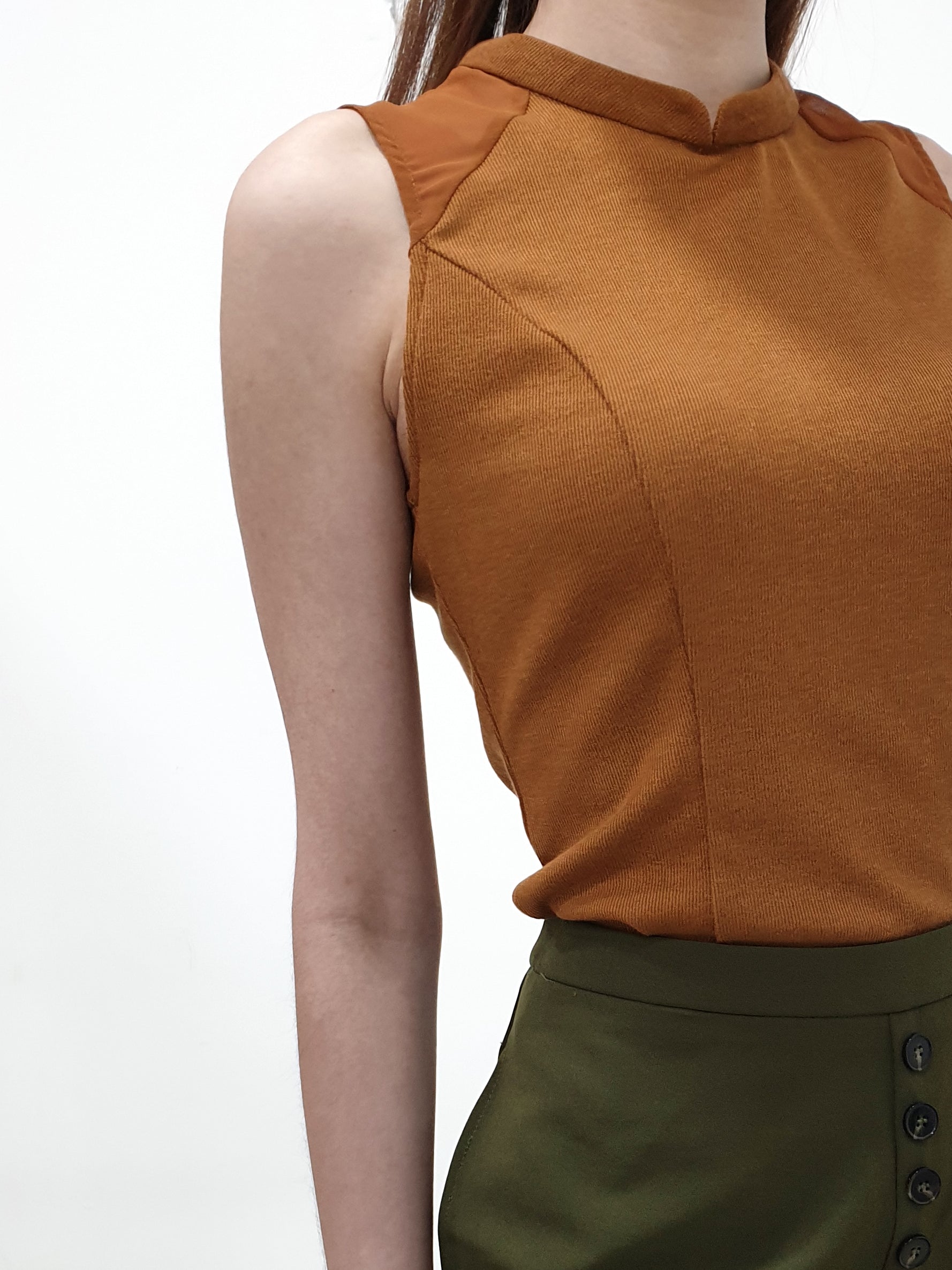 Mesh Shoulder Mandarin Collar Top