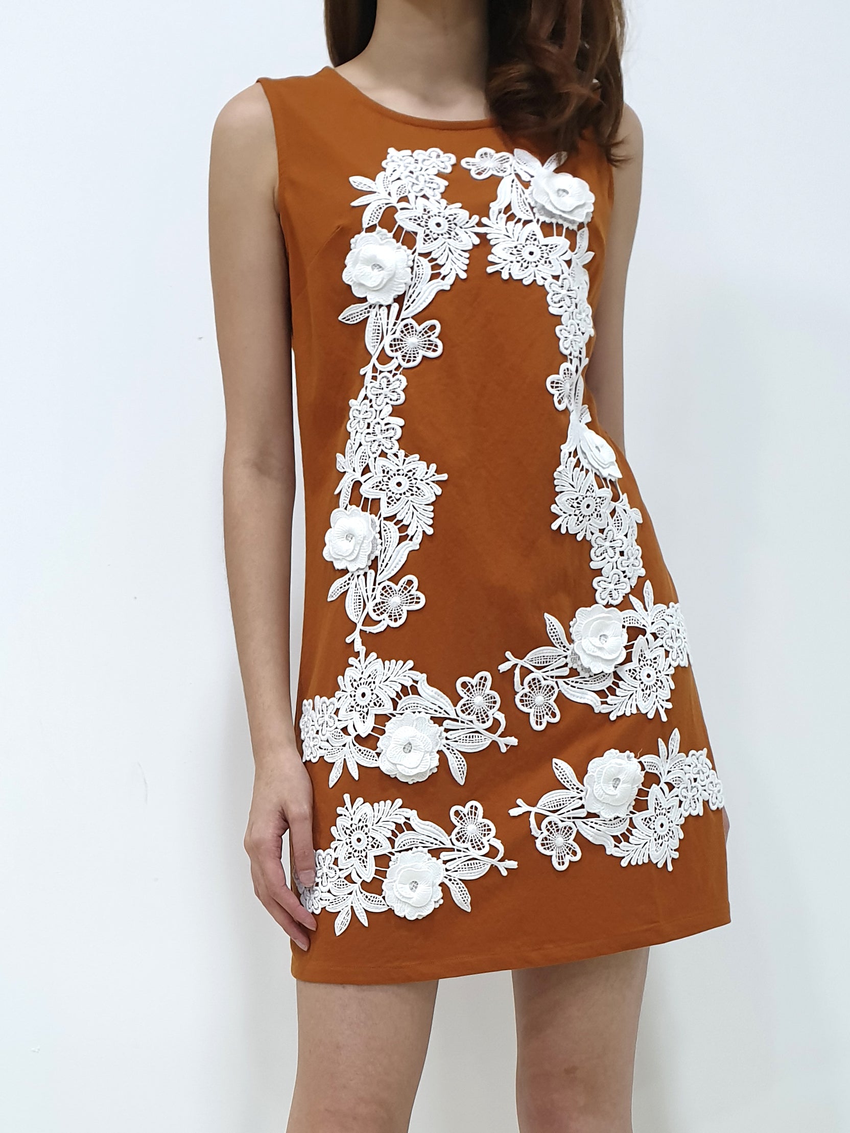 3D Flower Shift Dress - Brown (Non-returnable) - Ferlicious