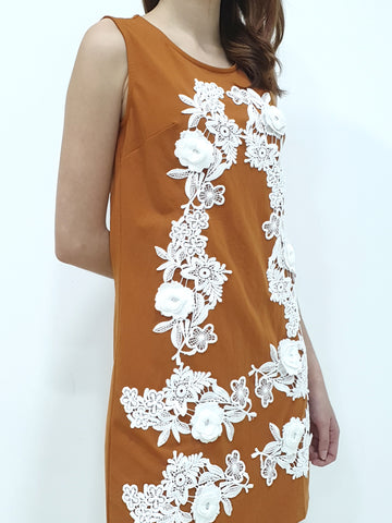 3D Flower Shift Dress - Brown (Non-returnable) - Ferlicious