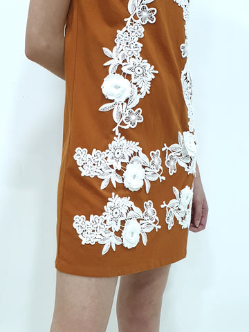 3D Flower Shift Dress - Brown (Non-returnable) - Ferlicious