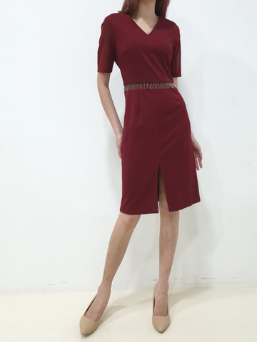 Chain Tassel Waist Dress - Maroon (Non-returnable) - Ferlicious