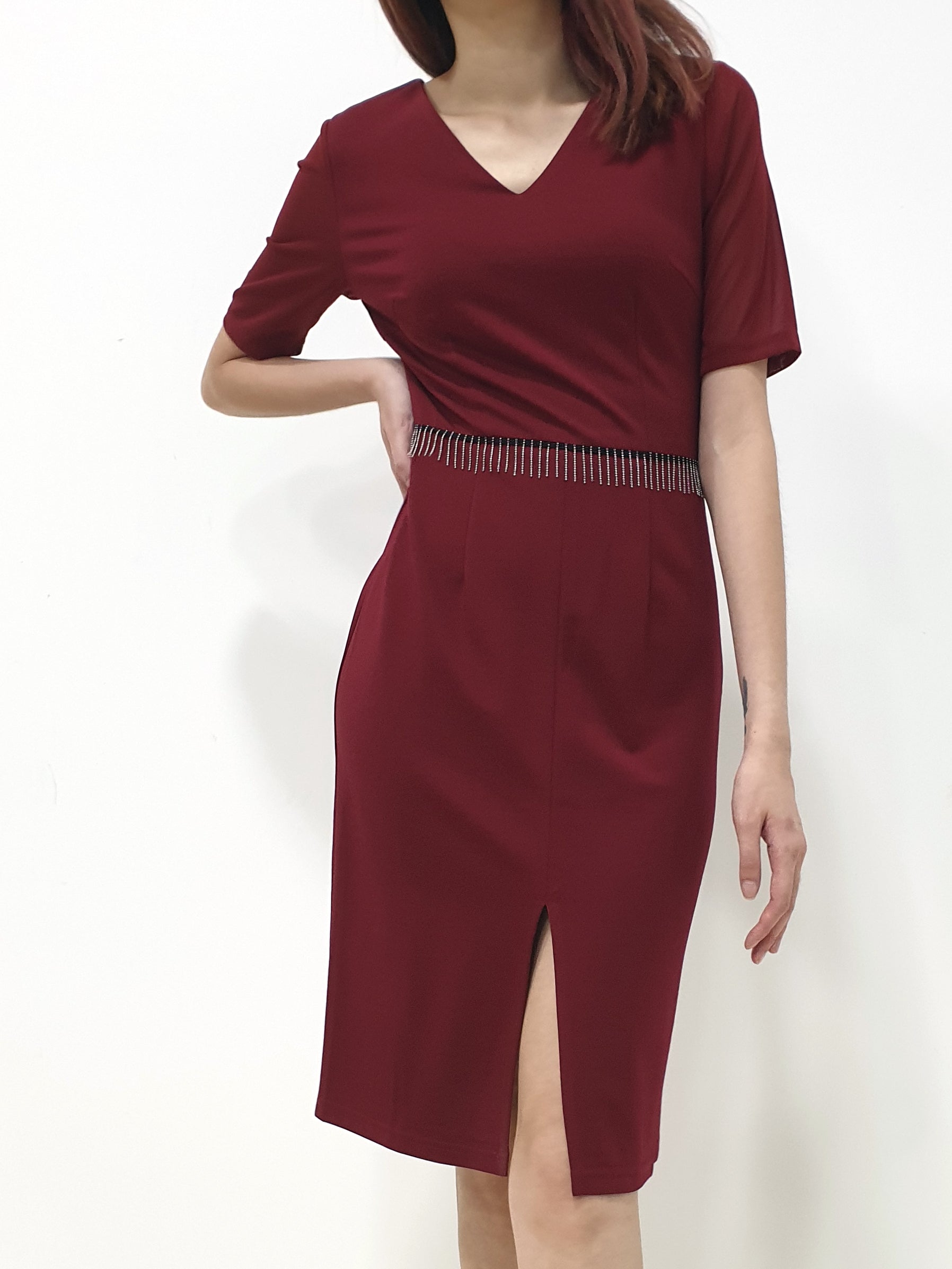 Chain Tassel Waist Dress - Maroon (Non-returnable) - Ferlicious