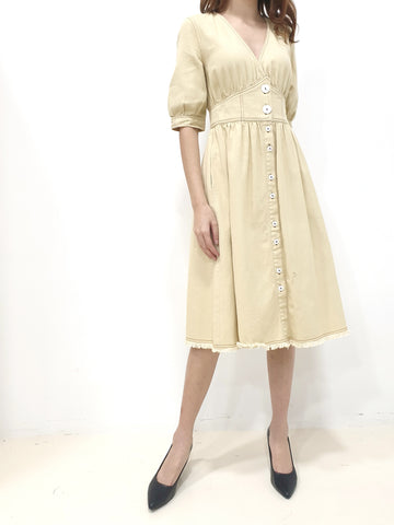 Denim V Neck Midi - Beige (Non-returnable) - Ferlicious