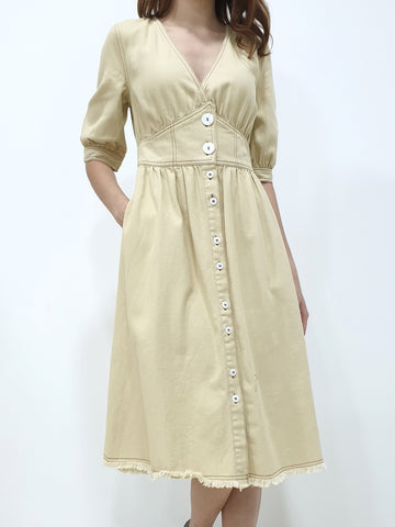 Denim V Neck Midi - Beige (Non-returnable) - Ferlicious