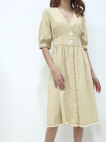 Denim V Neck Midi - Beige (Non-returnable) - Ferlicious