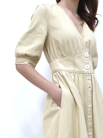 Denim V Neck Midi - Beige (Non-returnable) - Ferlicious