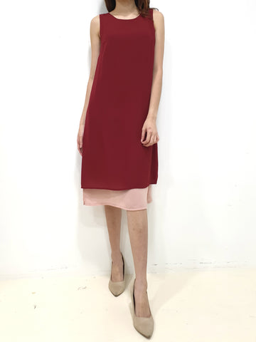 Duo Tone Shift Midi Dress - Maroon (Non-returnable) - Ferlicious