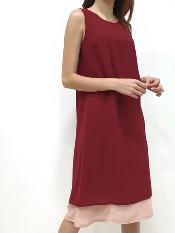 Duo Tone Shift Midi Dress - Maroon (Non-returnable) - Ferlicious