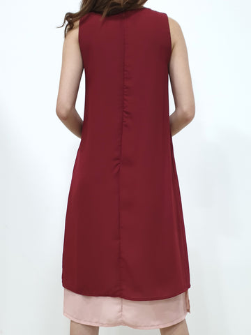 Duo Tone Shift Midi Dress - Maroon (Non-returnable) - Ferlicious