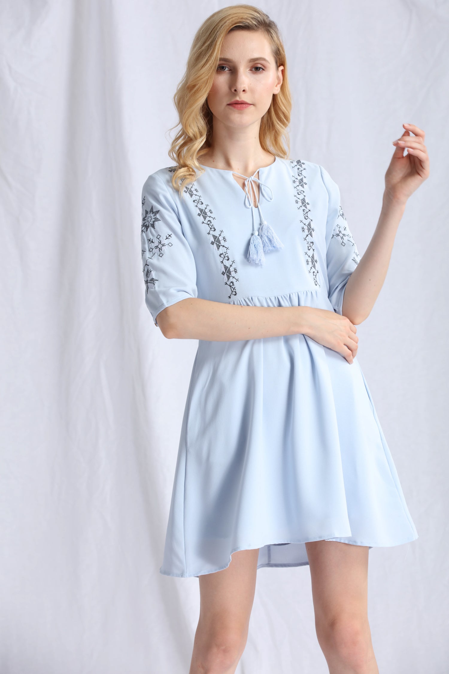 Blue Fleur Drops Embroidery Shirred Babydoll Dress