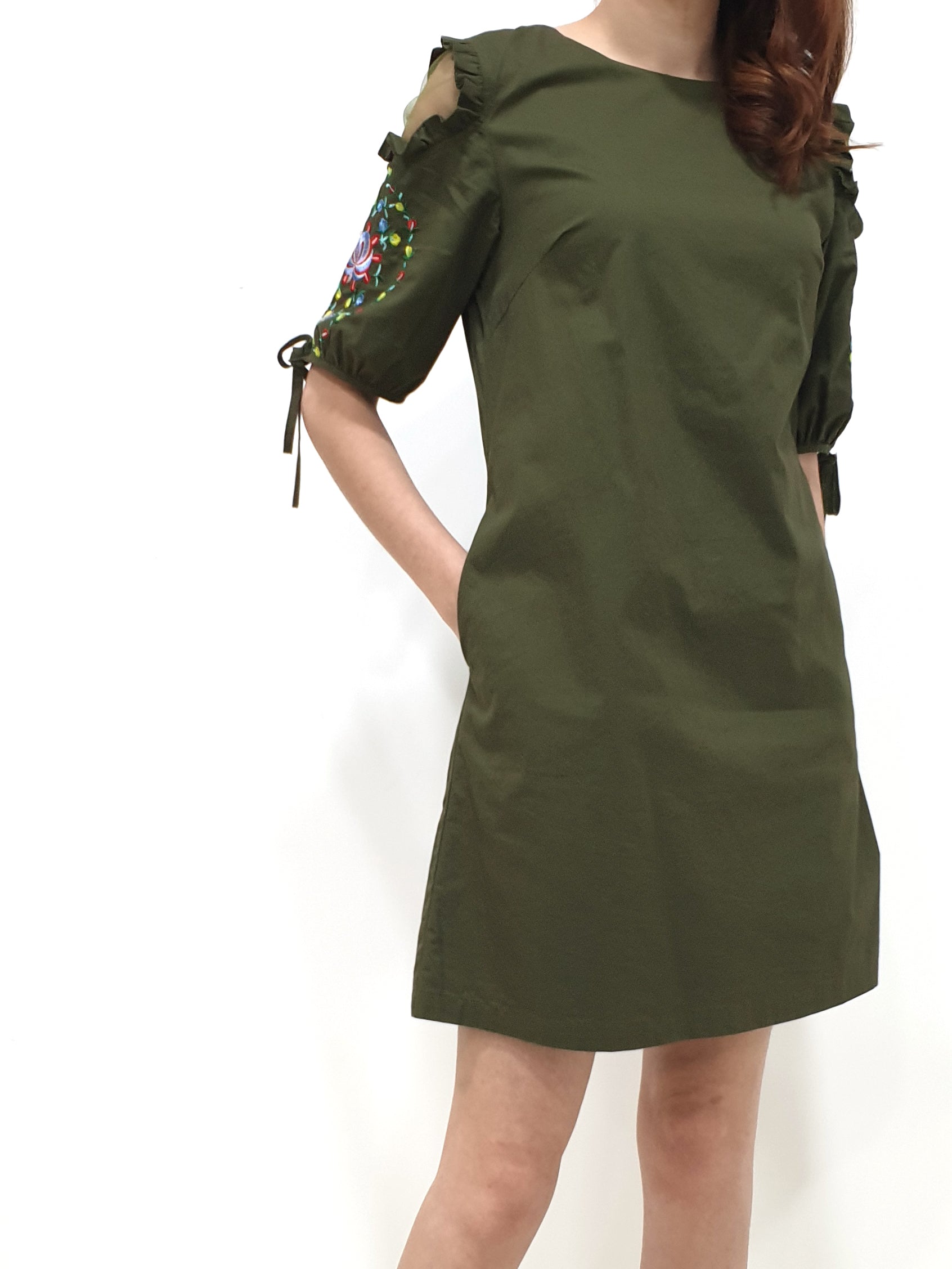 Embroidered Mesh Sleeve Shift Dress - Green (Non-returnable) - Ferlicious