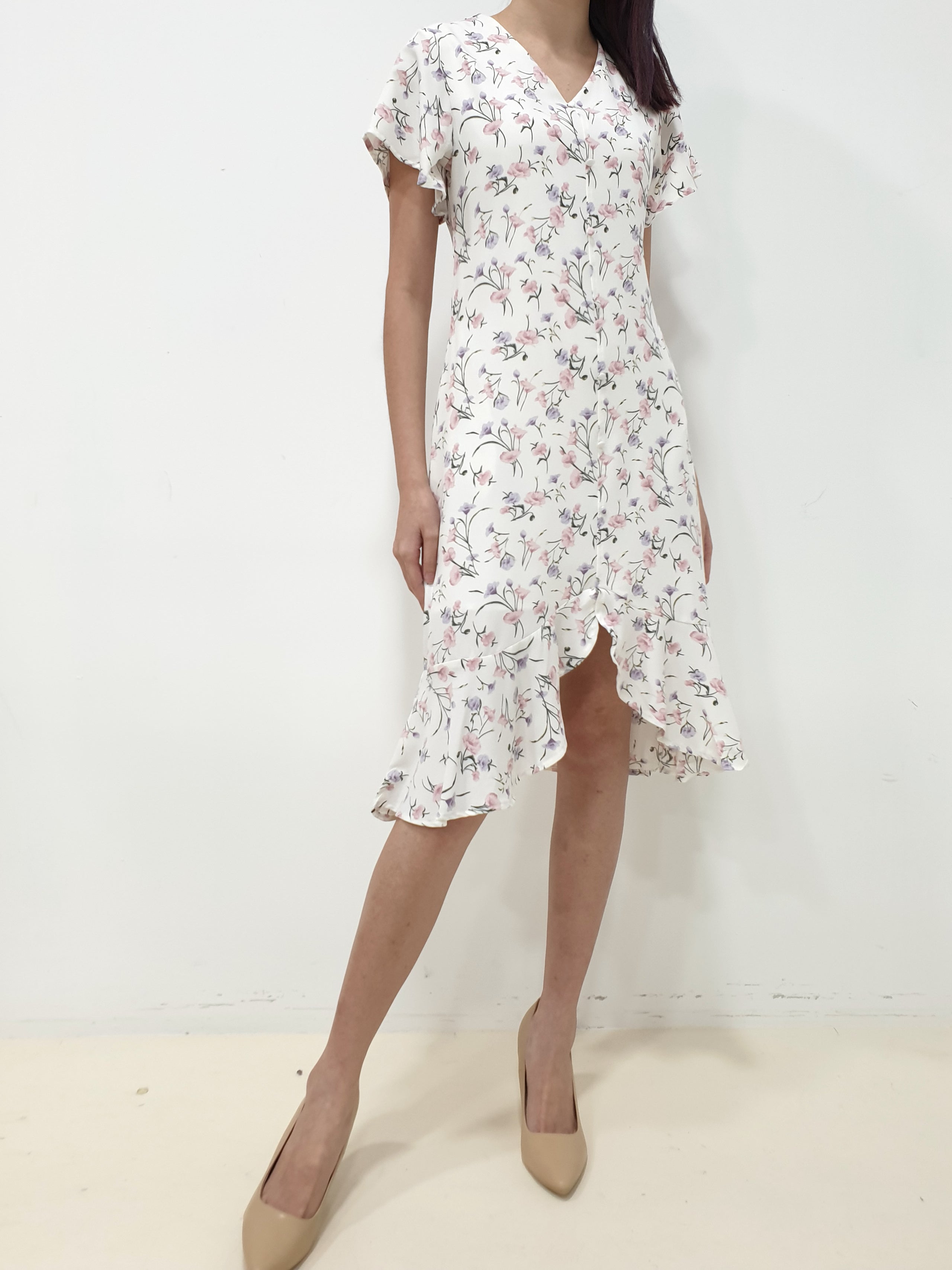 Floral Hi Low Mermaid Dress - White / Navy (Non-returnable) - Ferlicious