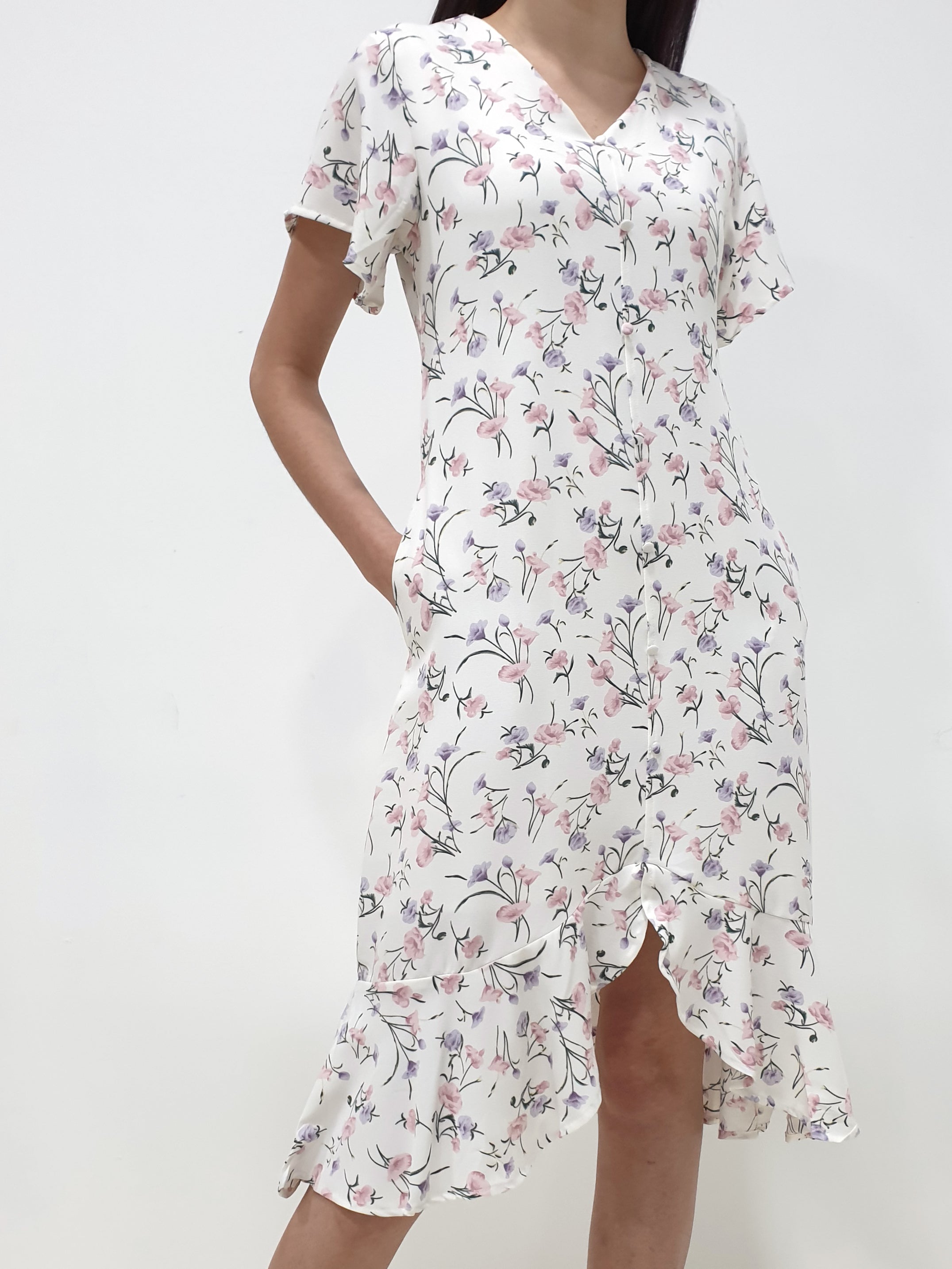 Floral Hi Low Mermaid Dress - White / Navy (Non-returnable) - Ferlicious