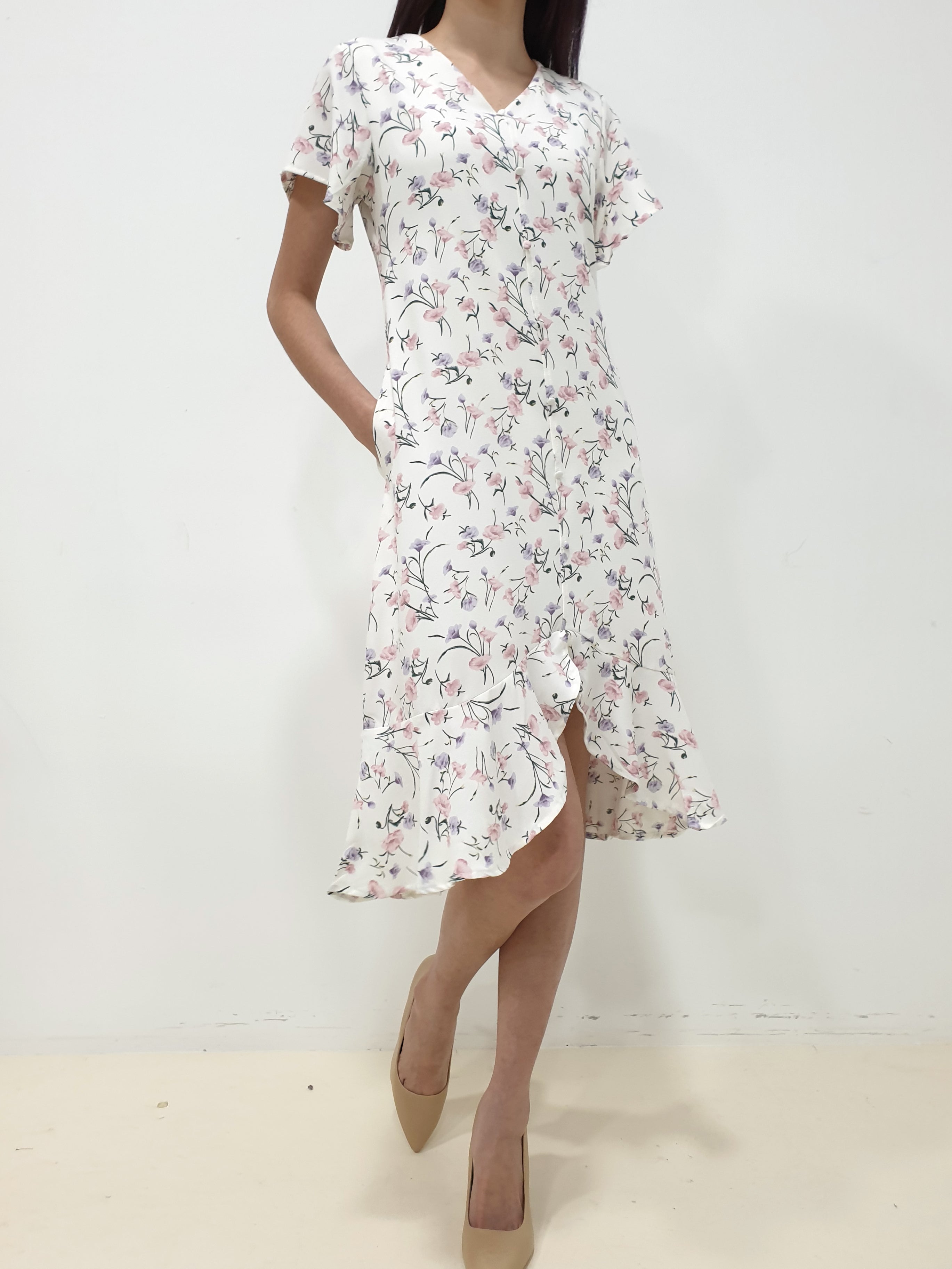 Floral Hi Low Mermaid Dress - White / Navy (Non-returnable) - Ferlicious