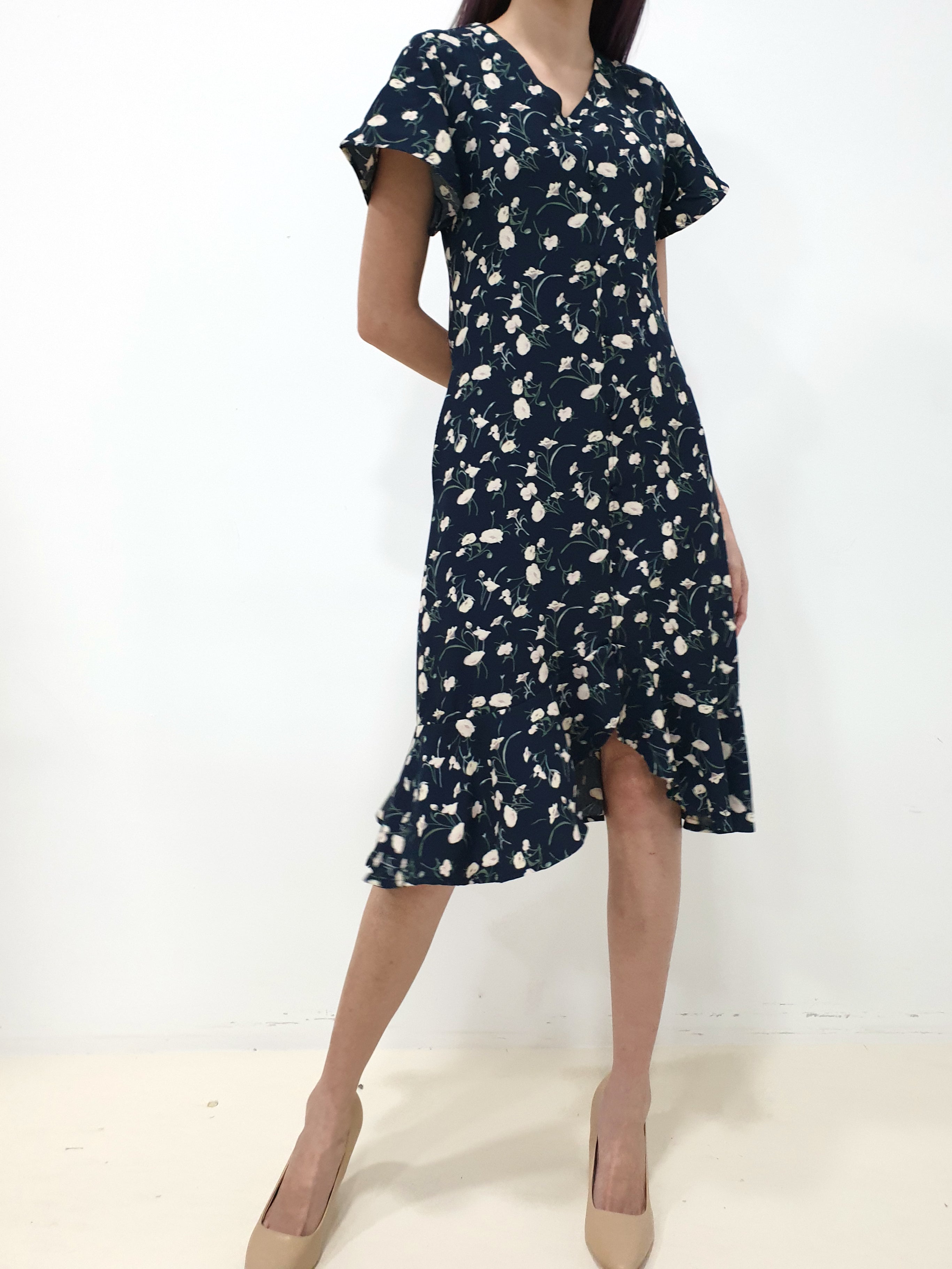 Floral Hi Low Mermaid Dress - White / Navy (Non-returnable) - Ferlicious