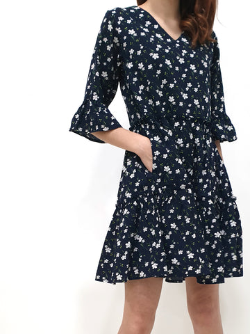 Flower Gathered Tier Dress - Navy (Non-returnable) - Ferlicious
