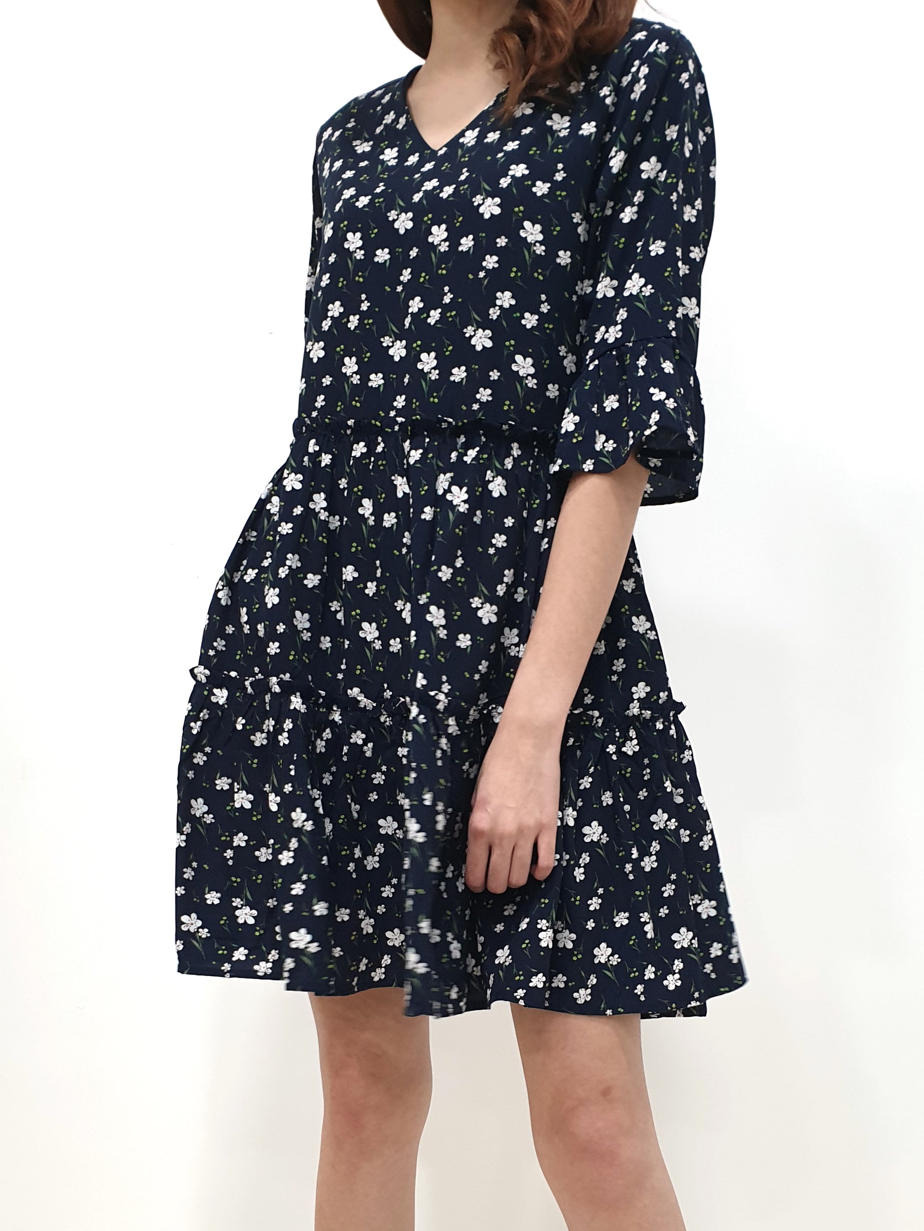Flower Gathered Tier Dress - Navy (Non-returnable) - Ferlicious