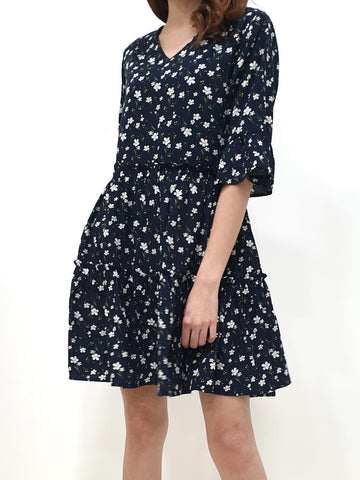 Flower Gathered Tier Dress - Navy (Non-returnable) - Ferlicious