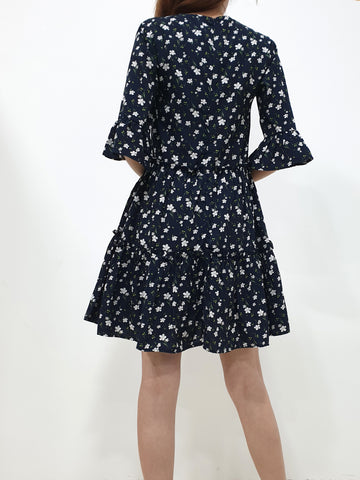 Flower Gathered Tier Dress - Navy (Non-returnable) - Ferlicious